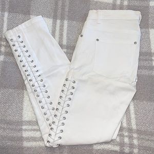 White lace up jeans
